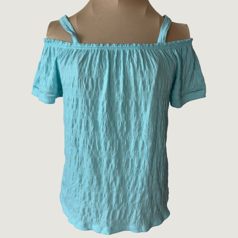 2225 | Textured Eyelet Trim Top Aqua Blue Girls XL 14/16